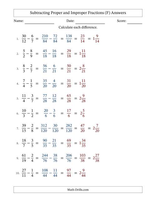 The Subtracting Proper and Improper Fractions with Unlike Denominators, Mixed Fractions Results and Some Simplifying (Fillable) (F) Math Worksheet Page 2