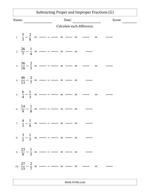 The Subtracting Proper and Improper Fractions with Unlike Denominators, Mixed Fractions Results and Some Simplifying (Fillable) (G) Math Worksheet