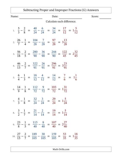 The Subtracting Proper and Improper Fractions with Unlike Denominators, Mixed Fractions Results and Some Simplifying (Fillable) (G) Math Worksheet Page 2
