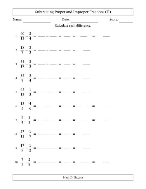 The Subtracting Proper and Improper Fractions with Unlike Denominators, Mixed Fractions Results and Some Simplifying (Fillable) (H) Math Worksheet
