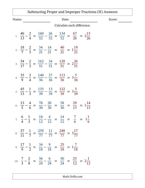 The Subtracting Proper and Improper Fractions with Unlike Denominators, Mixed Fractions Results and Some Simplifying (Fillable) (H) Math Worksheet Page 2