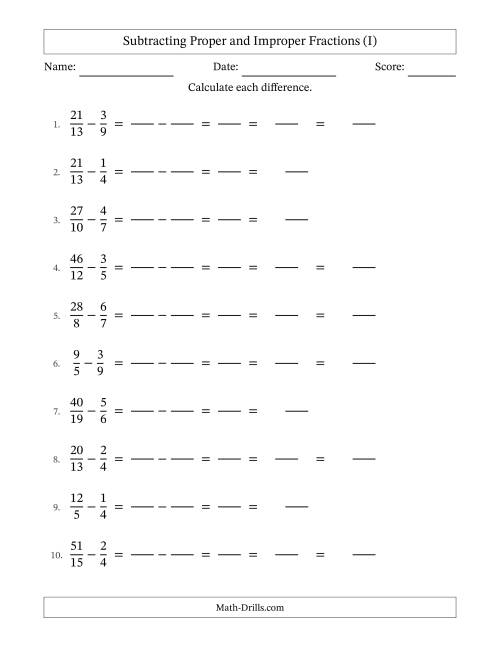 The Subtracting Proper and Improper Fractions with Unlike Denominators, Mixed Fractions Results and Some Simplifying (Fillable) (I) Math Worksheet