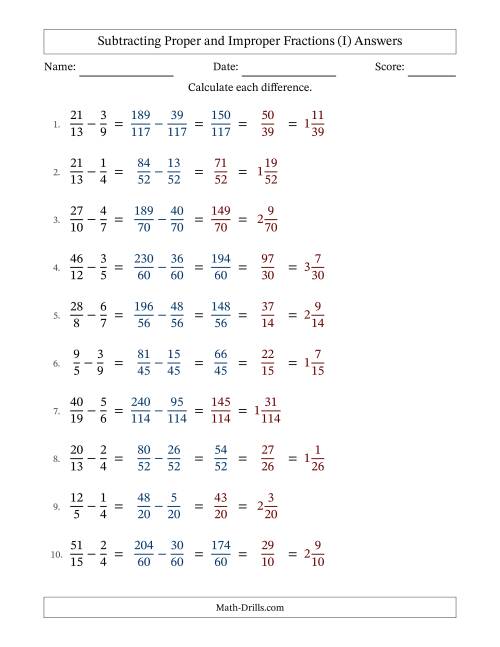 The Subtracting Proper and Improper Fractions with Unlike Denominators, Mixed Fractions Results and Some Simplifying (Fillable) (I) Math Worksheet Page 2
