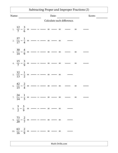 The Subtracting Proper and Improper Fractions with Unlike Denominators, Mixed Fractions Results and Some Simplifying (Fillable) (J) Math Worksheet