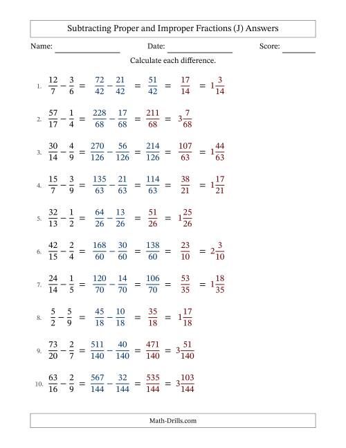 The Subtracting Proper and Improper Fractions with Unlike Denominators, Mixed Fractions Results and Some Simplifying (Fillable) (J) Math Worksheet Page 2