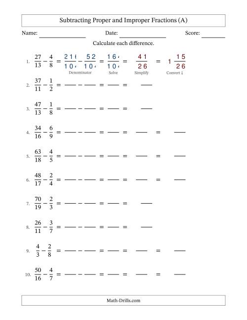 The Subtracting Proper and Improper Fractions with Unlike Denominators, Mixed Fractions Results and Some Simplifying (Fillable) (All) Math Worksheet