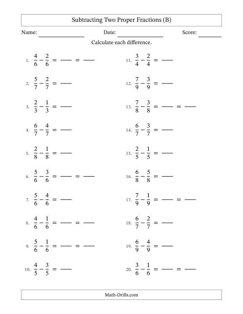 The Subtracting Fractions with Like Denominators (B) Math Worksheet