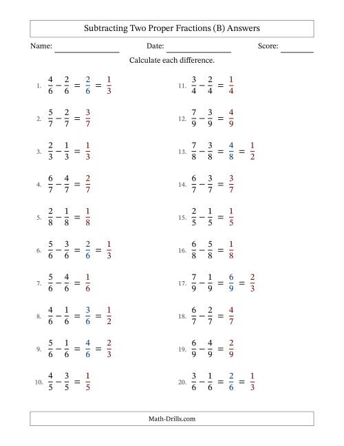 The Subtracting Fractions with Like Denominators (B) Math Worksheet Page 2