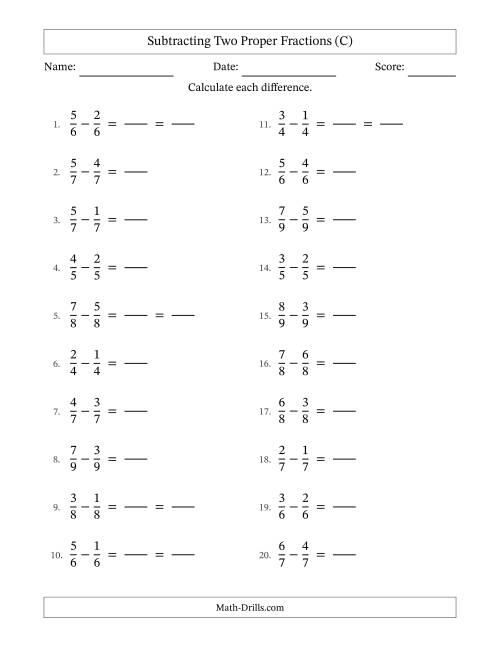 The Subtracting Fractions with Like Denominators (C) Math Worksheet