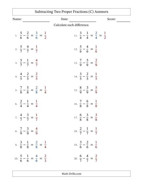 The Subtracting Fractions with Like Denominators (C) Math Worksheet Page 2