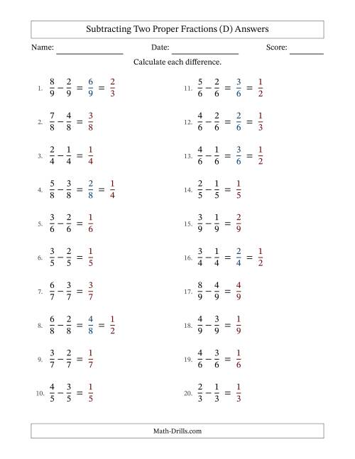 The Subtracting Fractions with Like Denominators (D) Math Worksheet Page 2