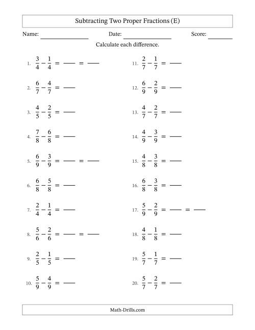The Subtracting Two Proper Fractions with Equal Denominators, Proper Fractions Results and Some Simplifying (Fillable) (E) Math Worksheet