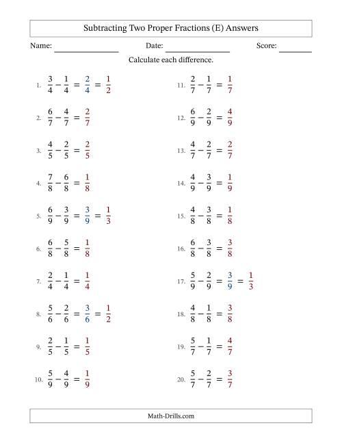 The Subtracting Fractions with Like Denominators (E) Math Worksheet Page 2