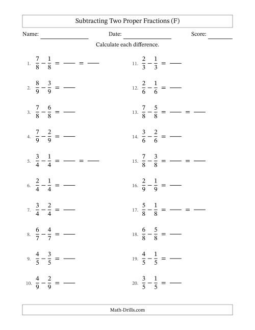 The Subtracting Fractions with Like Denominators (F) Math Worksheet