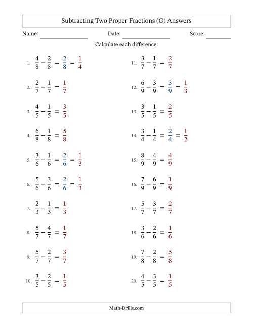 The Subtracting Two Proper Fractions with Equal Denominators, Proper Fractions Results and Some Simplifying (Fillable) (G) Math Worksheet Page 2