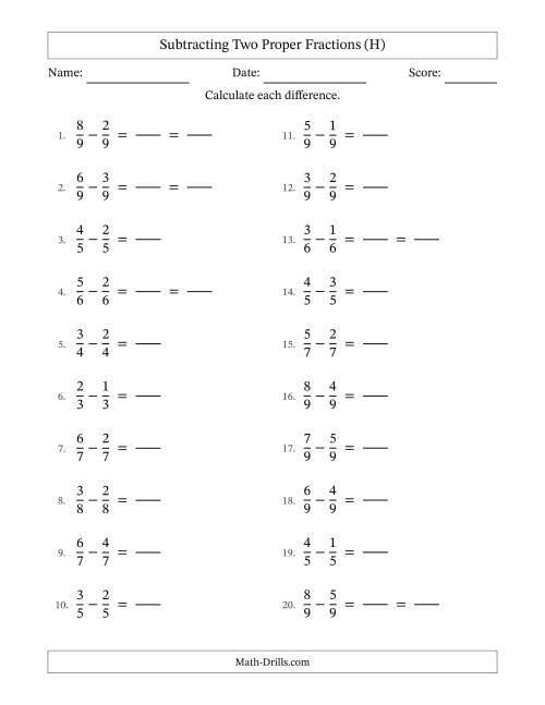 The Subtracting Fractions with Like Denominators (H) Math Worksheet