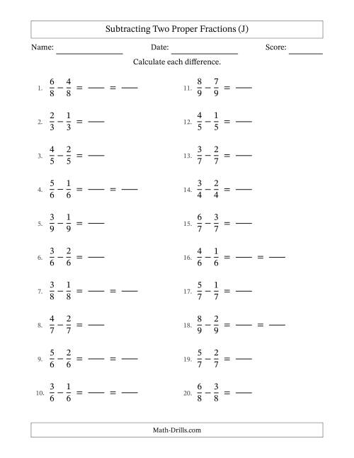 The Subtracting Fractions with Like Denominators (J) Math Worksheet