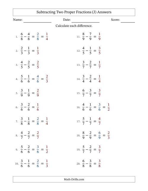 The Subtracting Fractions with Like Denominators (J) Math Worksheet Page 2