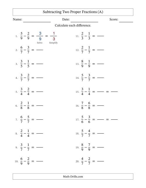 The Subtracting Fractions with Like Denominators (All) Math Worksheet