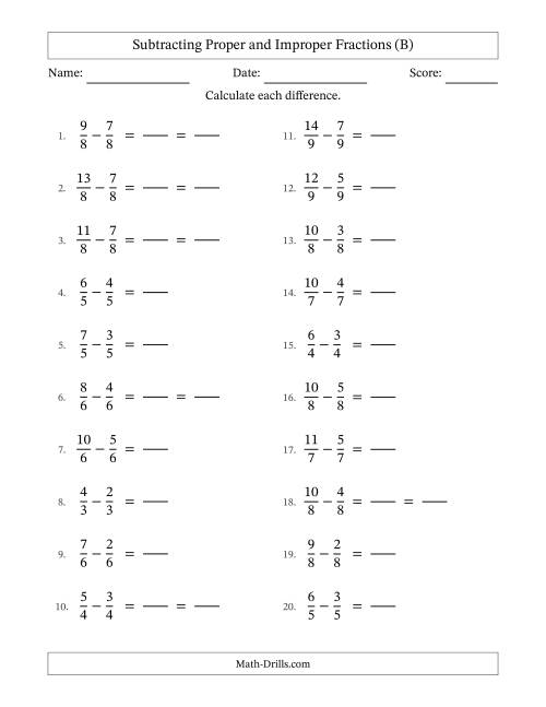 The Subtracting Proper and Improper Fractions with Equal Denominators, Proper Fractions Results and Some Simplifying (Fillable) (B) Math Worksheet