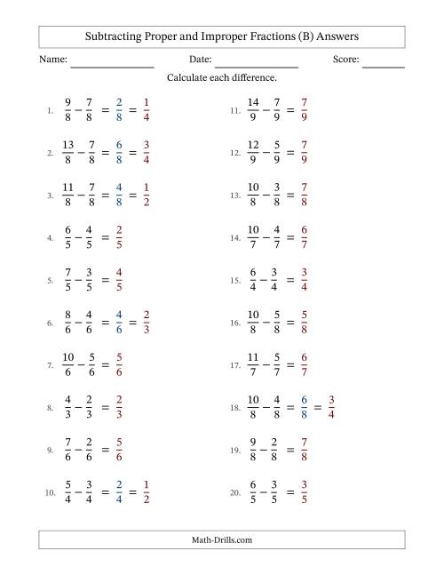 The Subtracting Fractions with Like Denominators with Improper Fractions (B) Math Worksheet Page 2