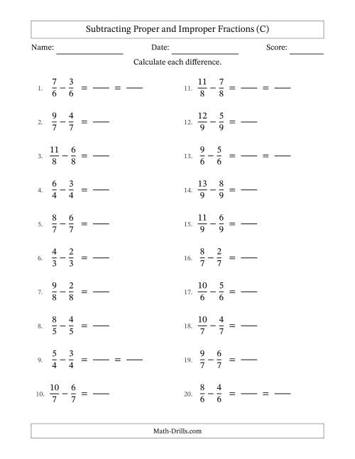 The Subtracting Fractions with Like Denominators with Improper Fractions (C) Math Worksheet