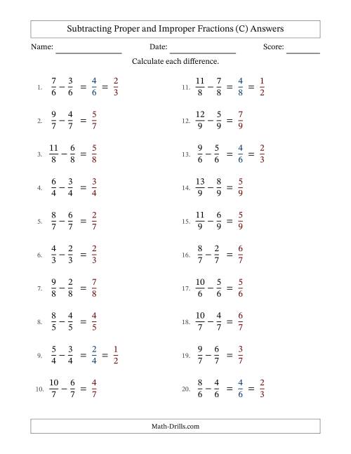 The Subtracting Fractions with Like Denominators with Improper Fractions (C) Math Worksheet Page 2
