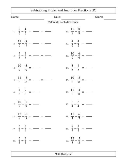 The Subtracting Proper and Improper Fractions with Equal Denominators, Proper Fractions Results and Some Simplifying (Fillable) (D) Math Worksheet