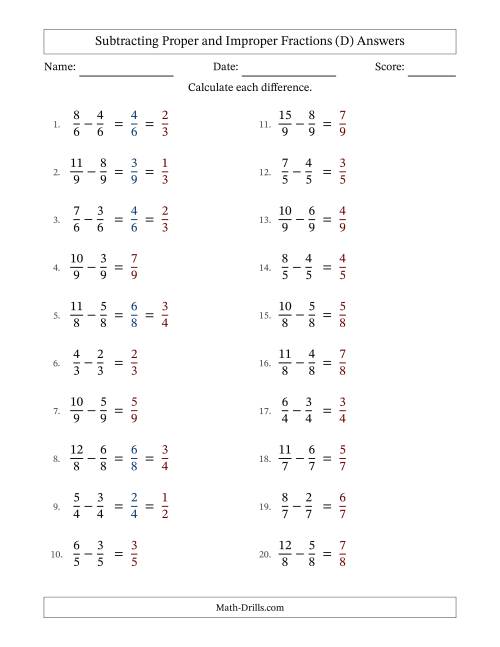 The Subtracting Proper and Improper Fractions with Equal Denominators, Proper Fractions Results and Some Simplifying (Fillable) (D) Math Worksheet Page 2