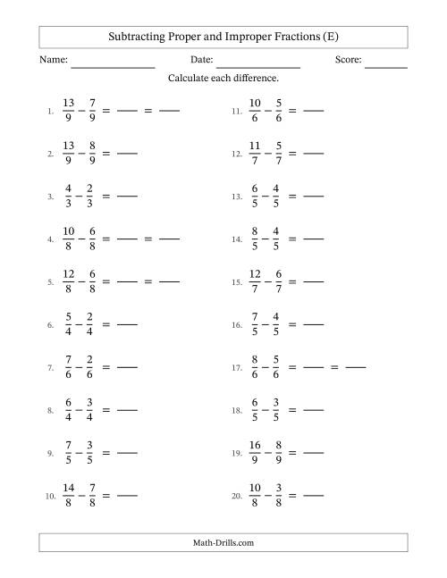 The Subtracting Proper and Improper Fractions with Equal Denominators, Proper Fractions Results and Some Simplifying (Fillable) (E) Math Worksheet