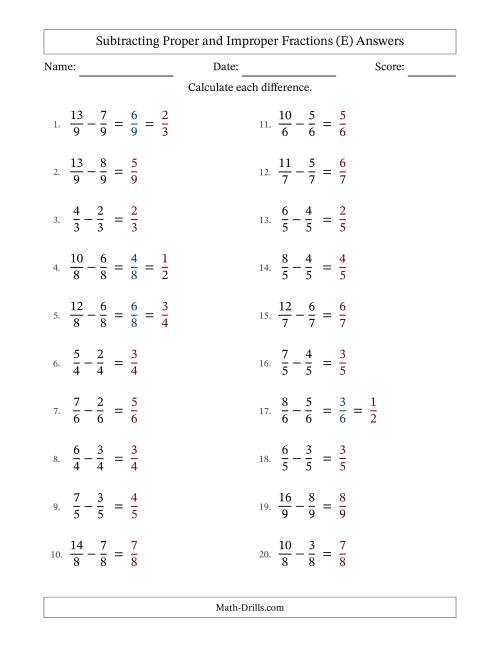The Subtracting Proper and Improper Fractions with Equal Denominators, Proper Fractions Results and Some Simplifying (Fillable) (E) Math Worksheet Page 2