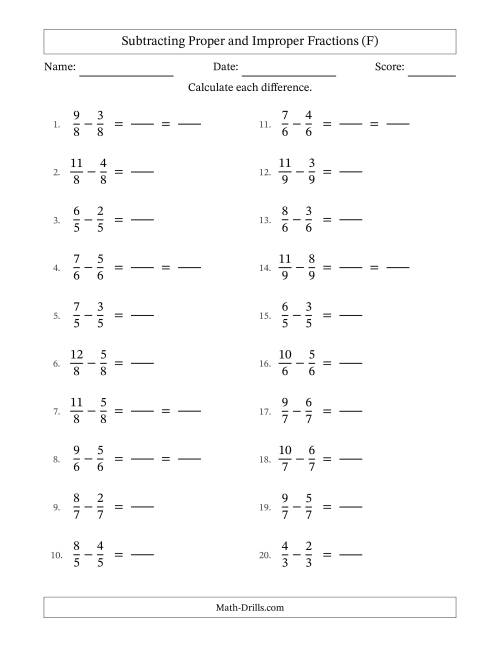 The Subtracting Fractions with Like Denominators with Improper Fractions (F) Math Worksheet