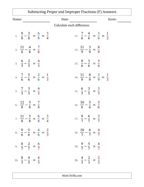 The Subtracting Proper and Improper Fractions with Equal Denominators, Proper Fractions Results and Some Simplifying (Fillable) (F) Math Worksheet Page 2