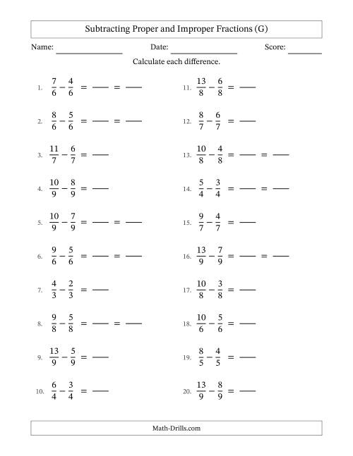 The Subtracting Fractions with Like Denominators with Improper Fractions (G) Math Worksheet