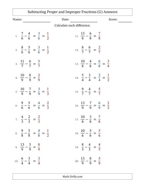 The Subtracting Fractions with Like Denominators with Improper Fractions (G) Math Worksheet Page 2