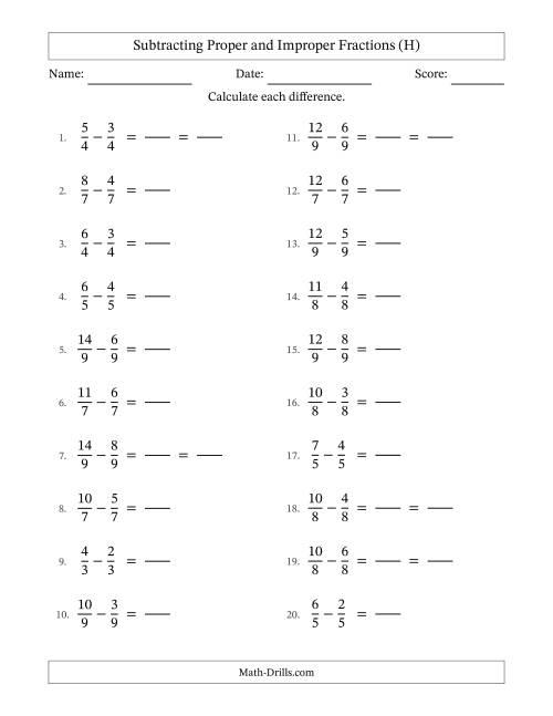 The Subtracting Fractions with Like Denominators with Improper Fractions (H) Math Worksheet