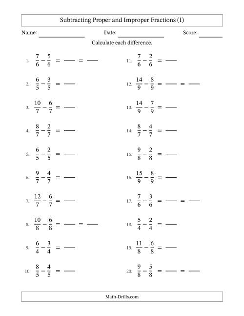 The Subtracting Fractions with Like Denominators with Improper Fractions (I) Math Worksheet