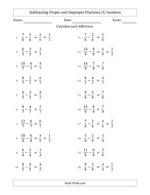 The Subtracting Fractions with Like Denominators with Improper Fractions (I) Math Worksheet Page 2
