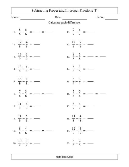 The Subtracting Fractions with Like Denominators with Improper Fractions (J) Math Worksheet