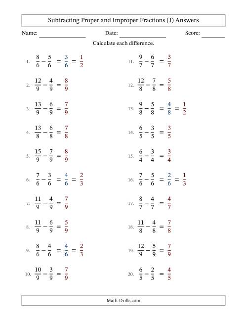 The Subtracting Fractions with Like Denominators with Improper Fractions (J) Math Worksheet Page 2