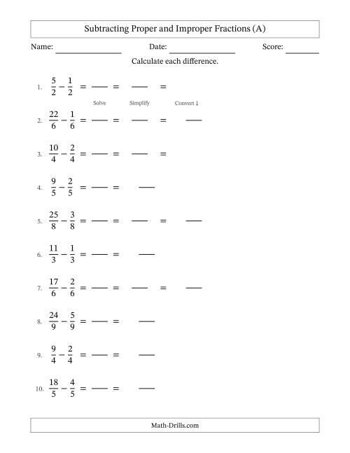 The Subtracting Fractions with Like Denominators with Improper Fractions and Mixed Fractions Results (A) Math Worksheet