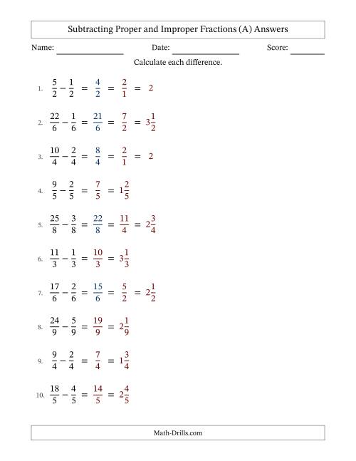 The Subtracting Fractions with Like Denominators with Improper Fractions and Mixed Fractions Results (A) Math Worksheet Page 2