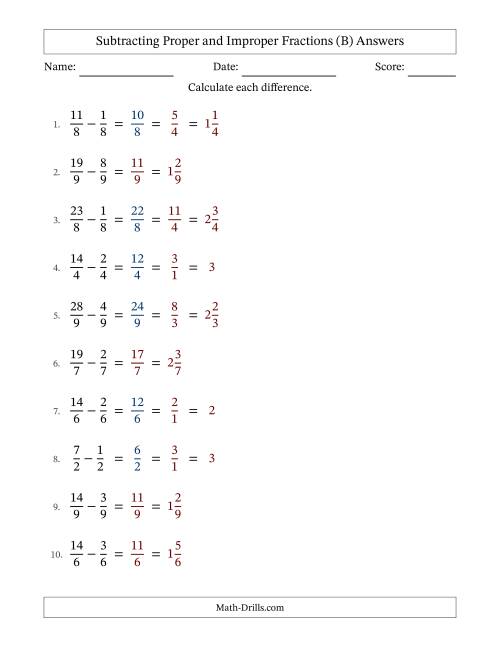 The Subtracting Fractions with Like Denominators with Improper Fractions and Mixed Fractions Results (B) Math Worksheet Page 2