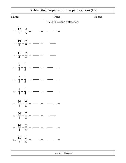 The Subtracting Fractions with Like Denominators with Improper Fractions and Mixed Fractions Results (C) Math Worksheet