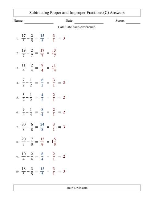 The Subtracting Fractions with Like Denominators with Improper Fractions and Mixed Fractions Results (C) Math Worksheet Page 2
