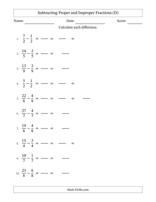 The Subtracting Fractions with Like Denominators with Improper Fractions and Mixed Fractions Results (D) Math Worksheet