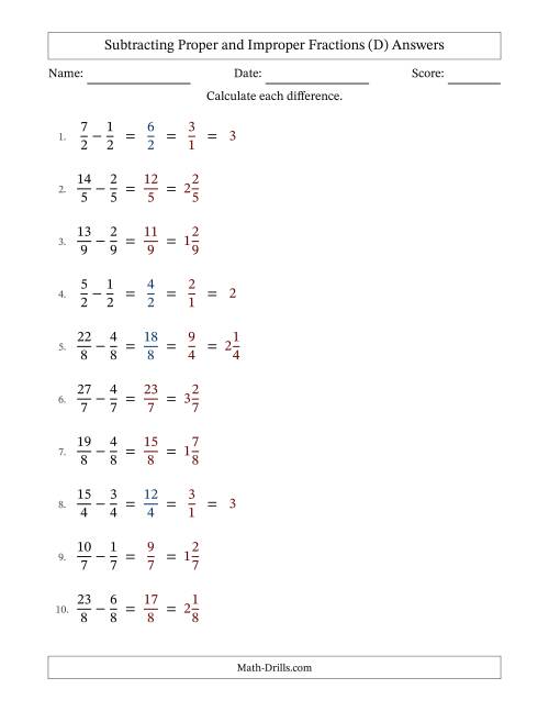 The Subtracting Fractions with Like Denominators with Improper Fractions and Mixed Fractions Results (D) Math Worksheet Page 2