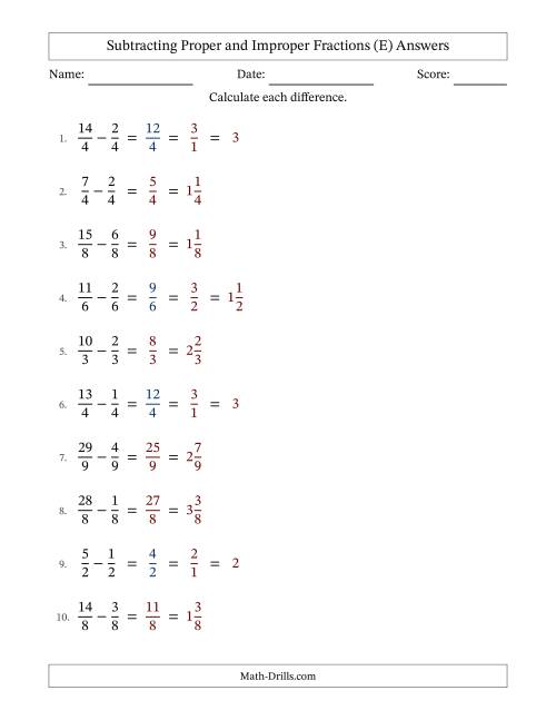 The Subtracting Fractions with Like Denominators with Improper Fractions and Mixed Fractions Results (E) Math Worksheet Page 2