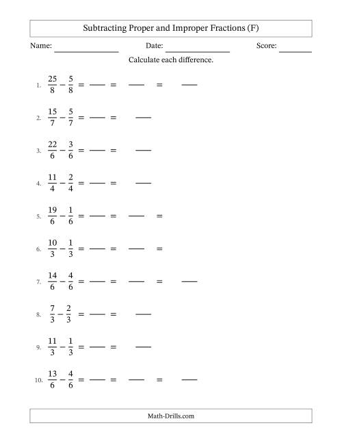 The Subtracting Fractions with Like Denominators with Improper Fractions and Mixed Fractions Results (F) Math Worksheet