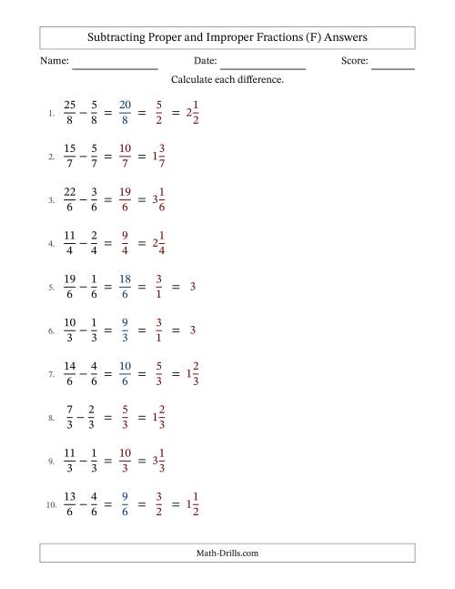 The Subtracting Fractions with Like Denominators with Improper Fractions and Mixed Fractions Results (F) Math Worksheet Page 2